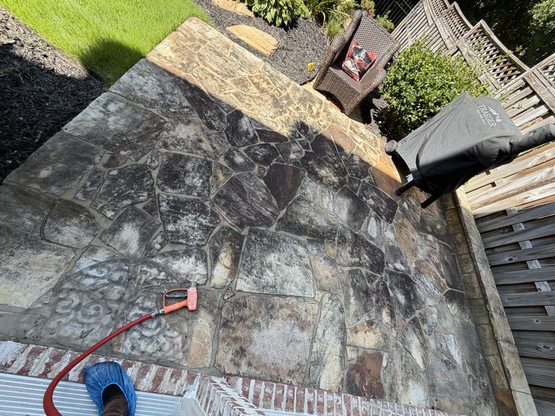 Flagstone patio before cleaning