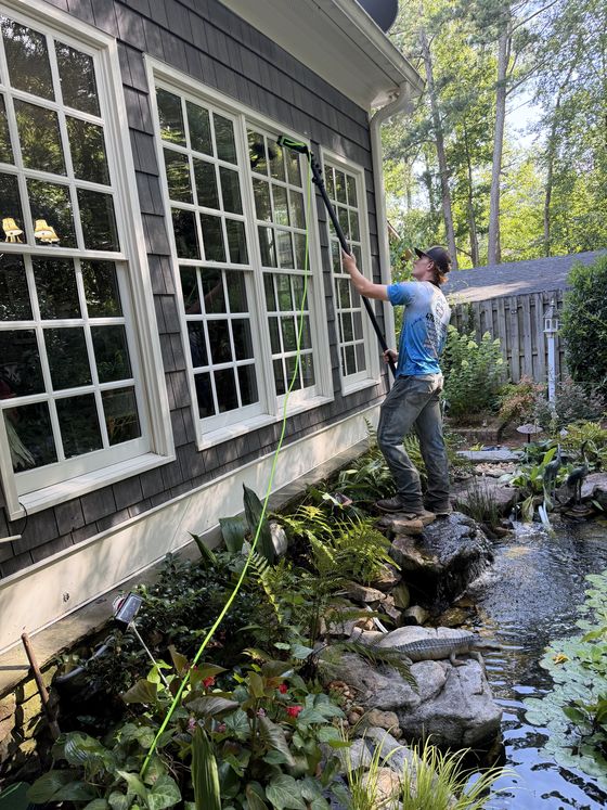 Water-fed pole cleaning backyard windows
